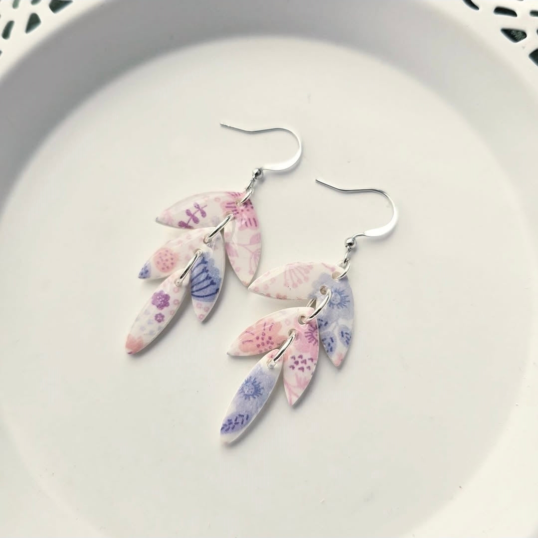 Daphne" Drops earrings by Wixies featuring delicate pink and purple floral patterns Handmade and Picked in Nova Scotia