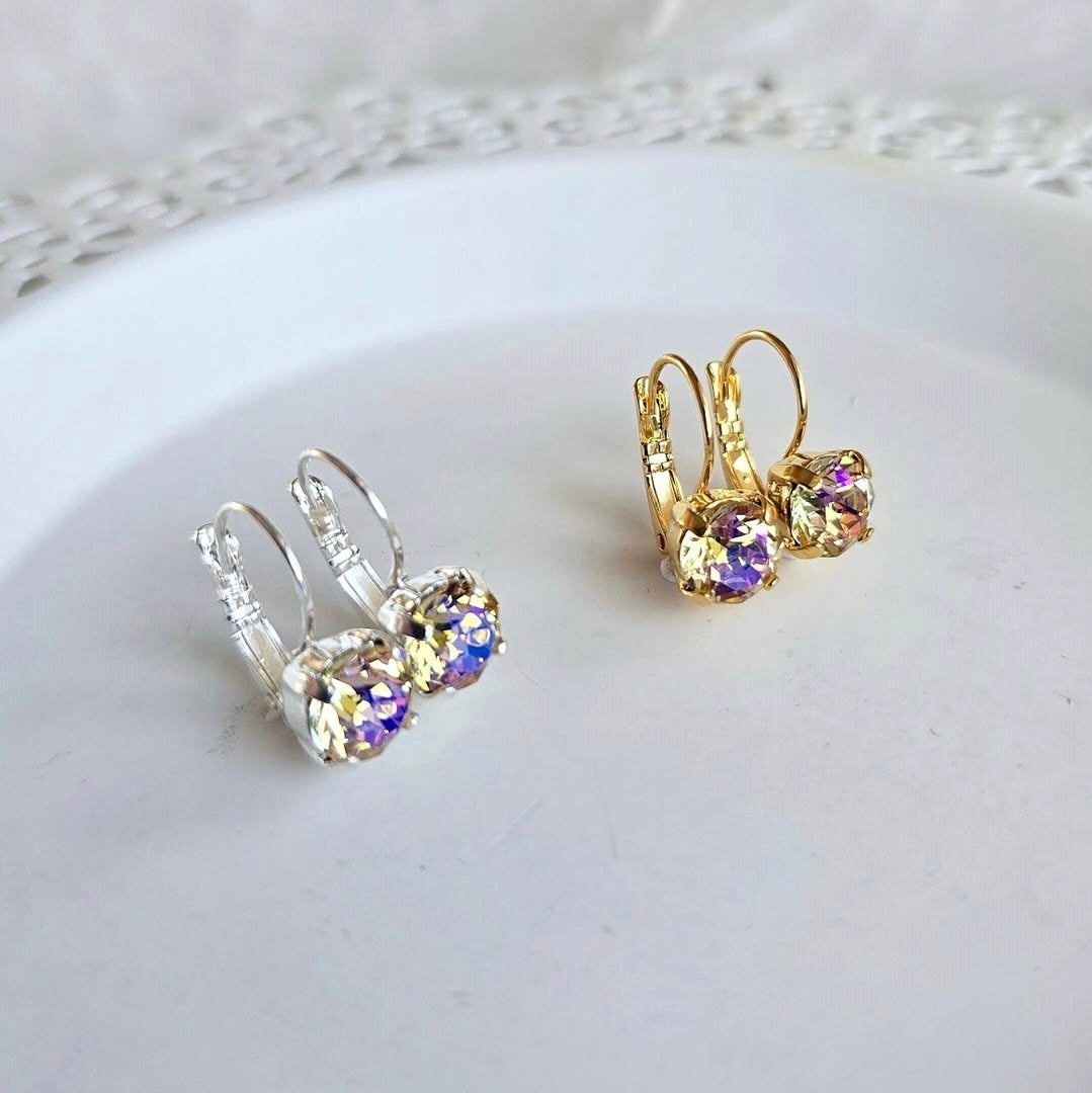 Sunshine Lever Back *limited edition* earrings by Wixies featuring sparkling iridescent stones in silver and gold Handmade and Picked in Nova Scotia