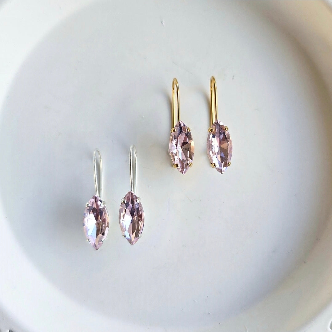 Rose Navette Drops by Wixies featuring elegant pink navette stones set in silver and gold Handmade and Picked in Nova Scotia