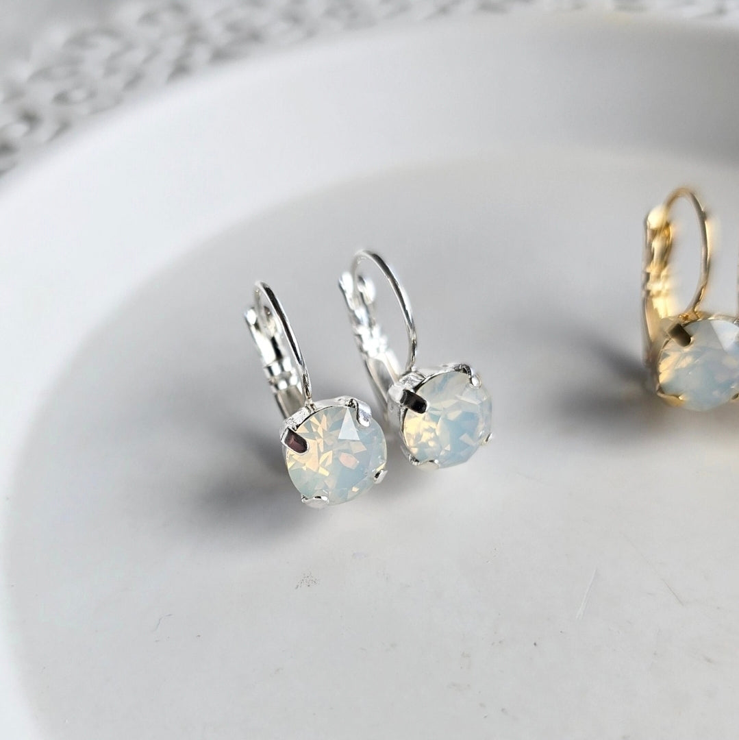Opalite Lever Back earrings by Wixies featuring luminous opalite stones in silver setting Handmade and Picked in Nova Scotia