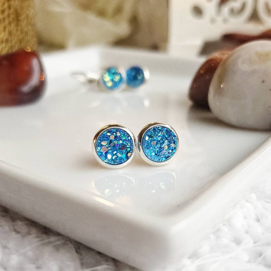 8mm Azure Blue Studs (Silver-plated Brass)