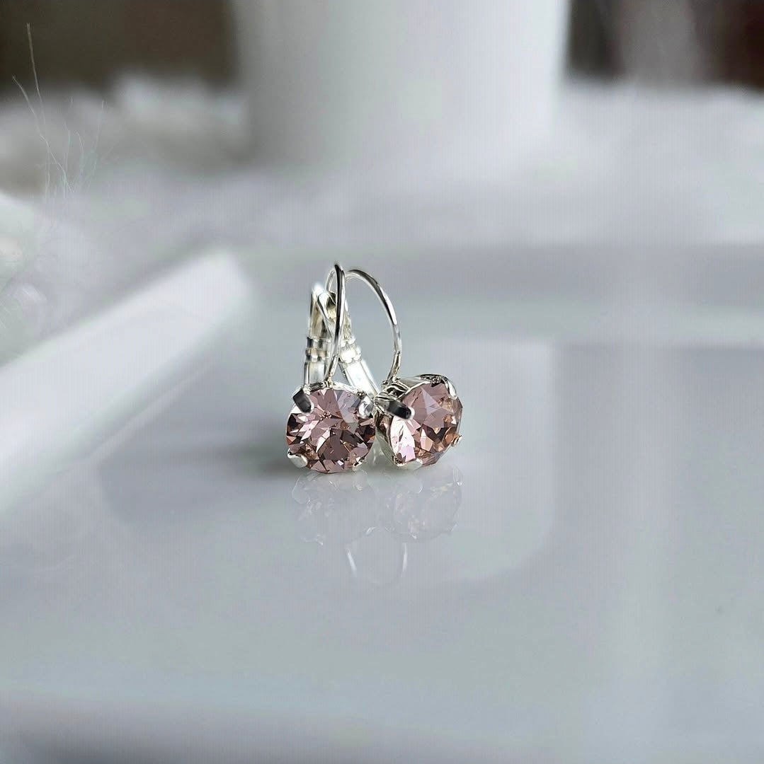 8mm or 6mm Vintage Pink Lever Back by wixies featuring soft pink stones in silver lever back earrings on reflective white surface