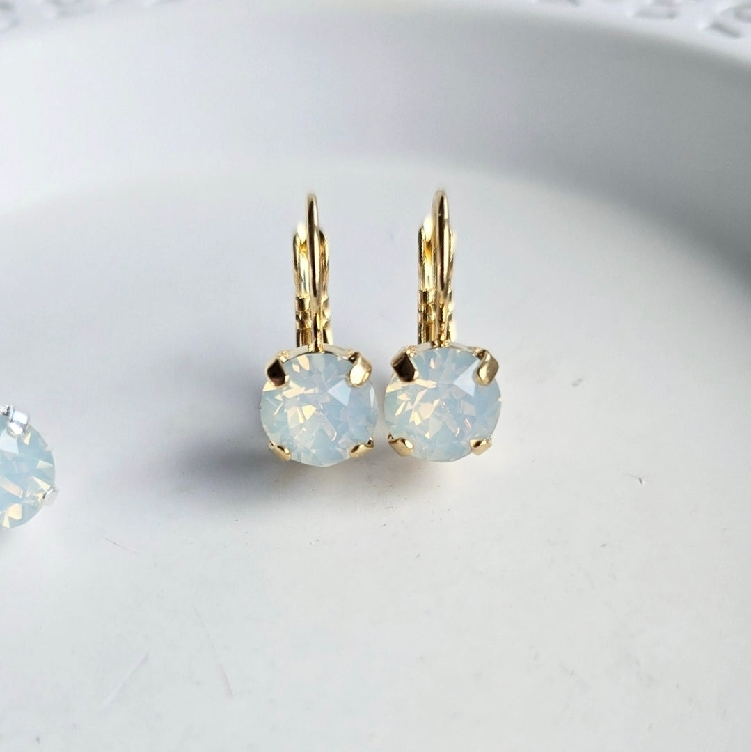 Opalite Lever Back earrings by Wixies featuring glowing opalite stones in gold settings Handmade and Picked in Nova Scotia