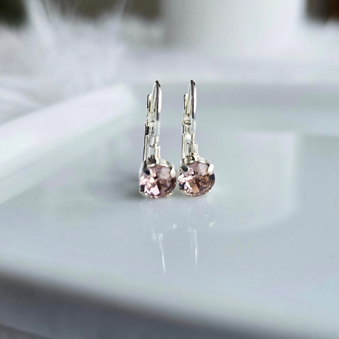 8mm or 6mm Vintage Pink Lever Back by wixies featuring pale pink stones in silver lever back setting on white surface