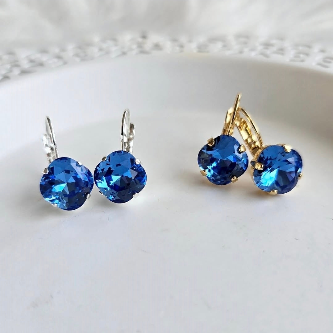 Sapphire"Cushion Lever Back earrings by Wixies featuring deep blue stones in silver and gold settings Handmade and Picked in Nova Scotia