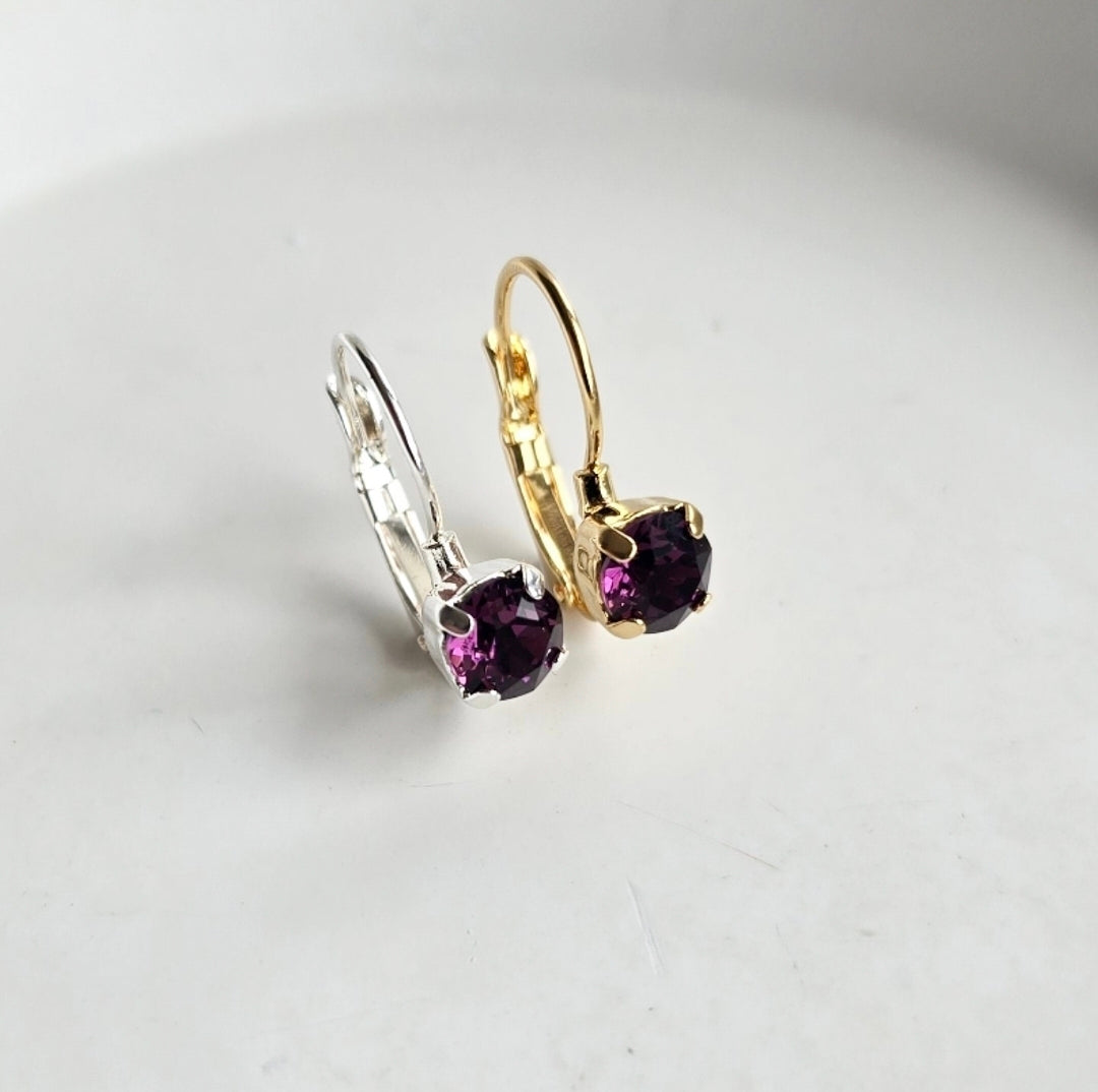 6mm "Amethyst" Lever Back with purple stones in mixed metal settings by Wixies Handmade and Picked in Nova Scotia