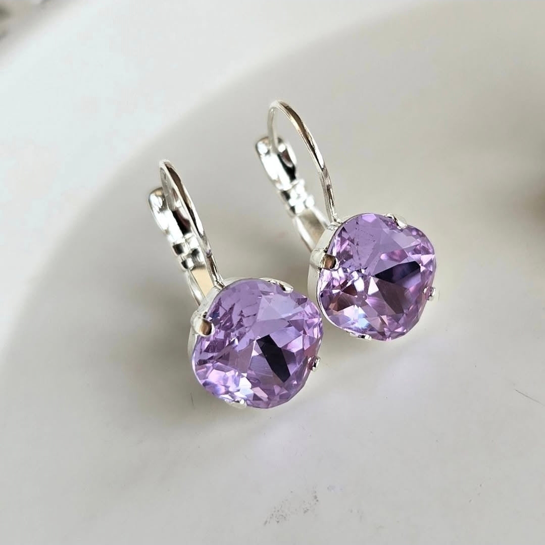 Lilac Cushion Lever Back earrings by Wixies featuring radiant purple stones in silver settings Handmade and Picked in Nova Scotia
